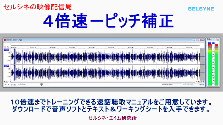 速話再生（１倍速～４倍速）のキュルキュル音とピッチ補正音の比較