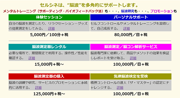 セルシネは、“脳波”を多角的にサポートします。体験セッション、パーソナルサポート、脳波測定器レンタル、脳波測定／脳コン解析サービス、脳波測定器を購入、気律脳波検定を受検。是非！