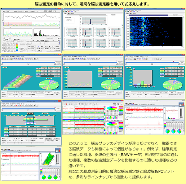 脳波グラフのデザインが違うだけでなく、取得できるデータも機種によって個性があります。例えば、睡眠判定に適した機種、脳波の生波形（RAWデータ）を取得するのに適した機種、複数の脳波測定データを比較するのに適した機種などです。あなたの脳波測定目的に最適な脳波測定器を選出します。