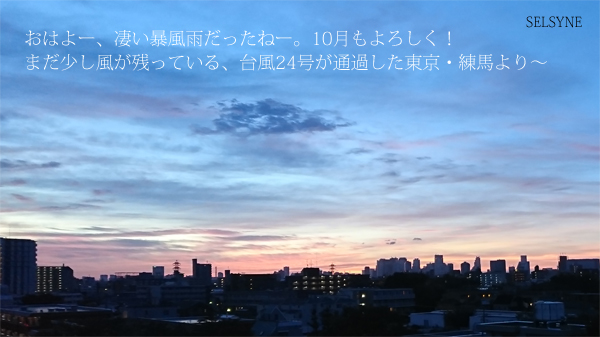 おはよー、凄い暴風雨だったねー。10月もよろしく! まだ少し風が残っている、台風24号が通過した東京・練馬より~ おはよー、凄い暴風雨だったねー。10月もよろしく! まだ少し風が残っている、台風24号が通過した東京・練馬より~