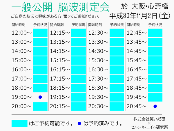 昨日から正式に募集を開始した「一般公開 脳波測定会」。ご自身の脳波に興味がある方、奮ってご参加ください。11月2日（金）、大阪・心斎橋にて開催します。詳しくは→