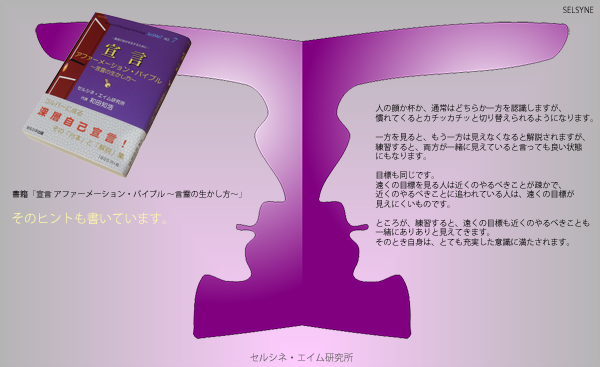 人の顔と杯をカチッカチッと切り替えられるようになります。更に練習すると両方が一緒に見えてきます。遠くの目標を見る人は近くのやるべきことが疎かで、近くのやるべきことに追われている人は遠くの目標が見えにくいものですが、練習すると、両方を一緒に抱くことができてきます。凄くいい状態です。