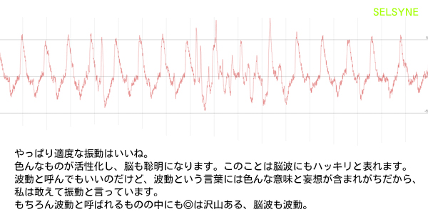 やっぱり適度な振動はいいね。色んなものが活性化し、脳も聡明になります。このことは脳波にもハッキリと表れます。波動と呼んでもいいのだけど、波動という言葉には色んな意味と妄想が含まれがちだから、私は敢えて振動と言っています。もちろん波動と呼ばれるものの中にも◎は沢山ある、脳波も波動。