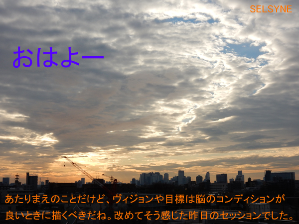 おはよー。あたりまえのことだけど、ヴィジョンや目標は脳のコンディションが良いときに描くべきだね。改めてそう感じた昨日のセッションでした。