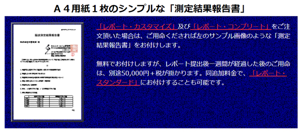 「レポート・カスタマイズ」及び「レポート・コンプリート」をご注文頂いた場合は、ご用命くだされば左のサンプル画像のような「測定結果報告書」をお付けします。セルシネの「脳波測定／脳コン解析サービス」