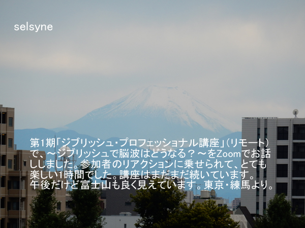 第1期「ジブリッシュ・プロフェッショナル講座」（リモート）で、～ジブリッシュで脳波はどうなる？～をZoomでお話ししました。参加者のリアクションに乗せられて、とても楽しい1時間でした。講座はまだまだ続いています。午後だけど富士山も良く見えています。東京・練馬より。