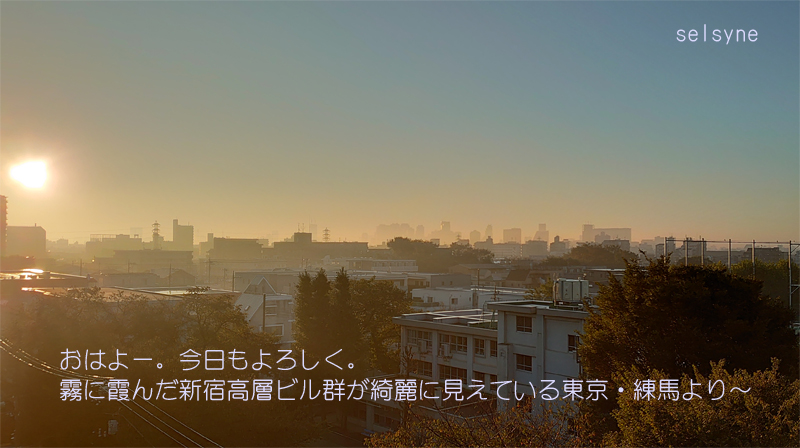 おはよー。今日もよろしく。霧に霞んだ新宿高層ビル群が綺麗に見えている東京・練馬より～