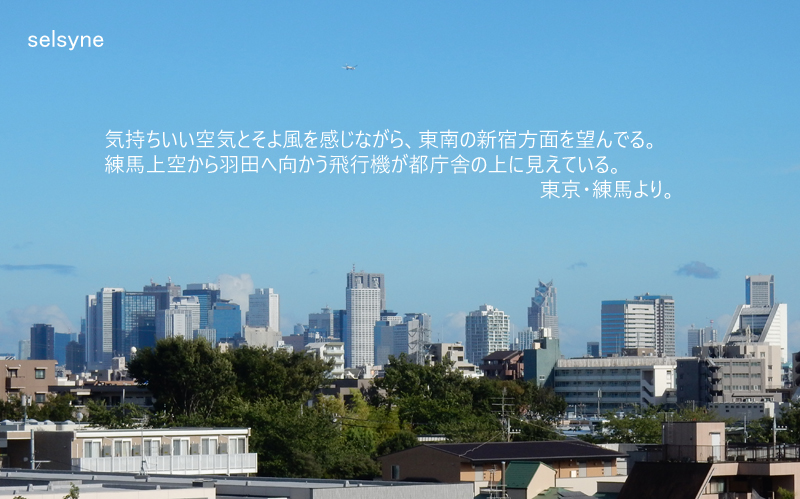 セルシネ・エイム研究所/和田知浩。新宿方面を望む 気持ちいい空気とそよ風を感じながら、東南の新宿方面を望んでる。練馬上空から羽田へ向かう飛行機が都庁舎の上に見えている。東京・練馬より。