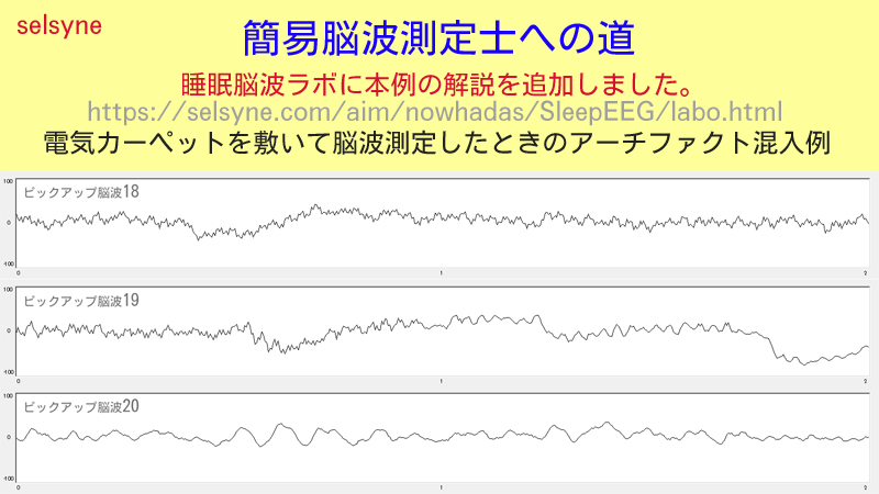 電気カーペットを使用して脳波測定した際のアーチファクト混入例を「睡眠脳波ラボ」紹介ページに掲載しました。何事もノイズ除去は大切です。