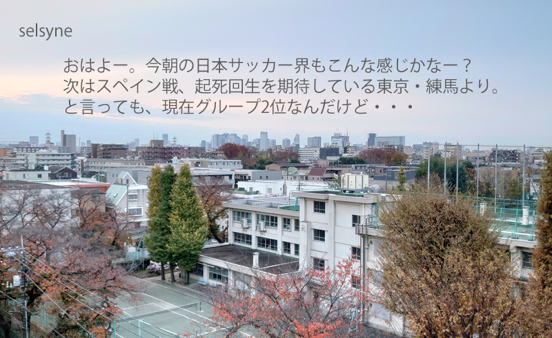 おはよー。今朝の日本サッカー界もこんな感じかなー？　次はスペイン戦、起死回生を期待している東京・練馬より。と言っても、現在グループ2位なんだけど・・・