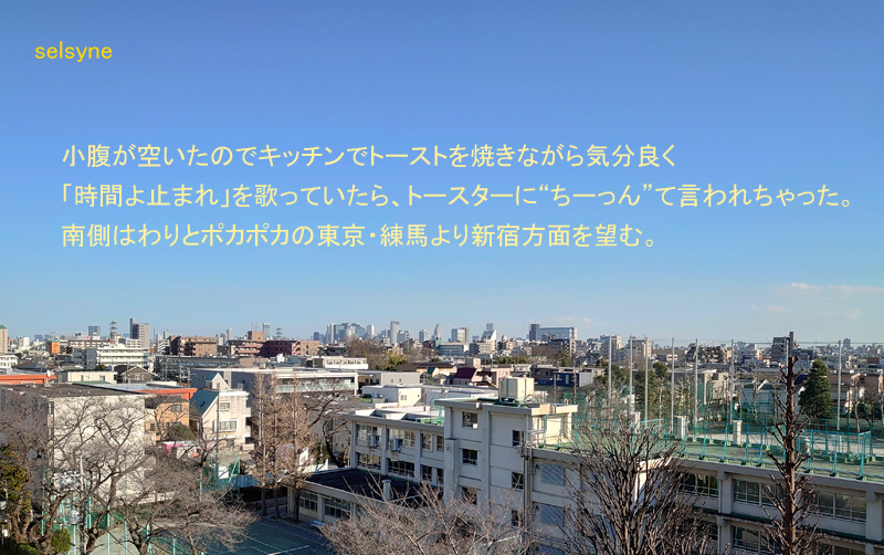 小腹が空いたのでキッチンでトーストを焼きながら気分良く「時間よ止まれ」を歌っていたら、トースターに“ちーっん”て言われちゃった。南側はわりとポカポカの東京・練馬より新宿方面を望む。