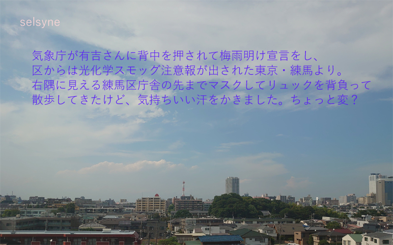 気象庁が有吉さんに背中を押されて梅雨明け宣言をし、区からは光化学スモッグ注意報が出された東京・練馬より。右隅に見える練馬区庁舎の先までマスクしてリュックを背負って散歩してきたけど、気持ちいい汗をかきました。ちょっと変？