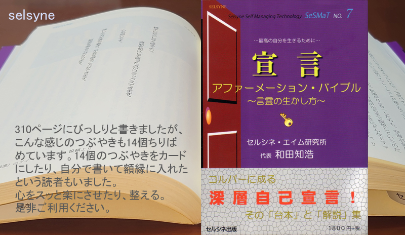 310ページにびっしりと書きましたが、こんな感じのつぶやきも14個ちりばめています。14個のつぶやきをカードにしたり、自分で書いて額縁に入れたという読者もいました。心をスッと楽にさせたり、整える。是非ご利用ください。