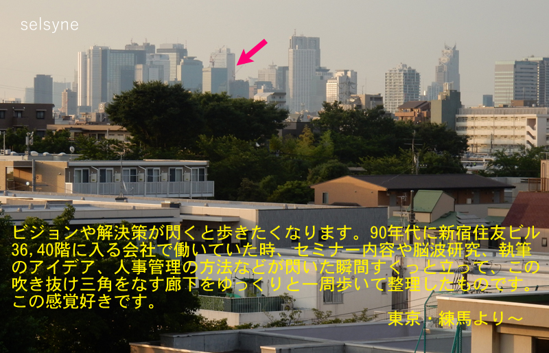 ビジョンや解決策が閃くと歩きたくなります。90年代に新宿住友ビル36,40階に入る会社で働いていた時、セミナー内容や脳波研究、執筆のアイデア、人事管理の方法などが閃いた瞬間すくっと立って、この吹き抜け三角をなす廊下をゆっくりと一周歩いて整理したものです。この感覚好きです。東京・練馬より～