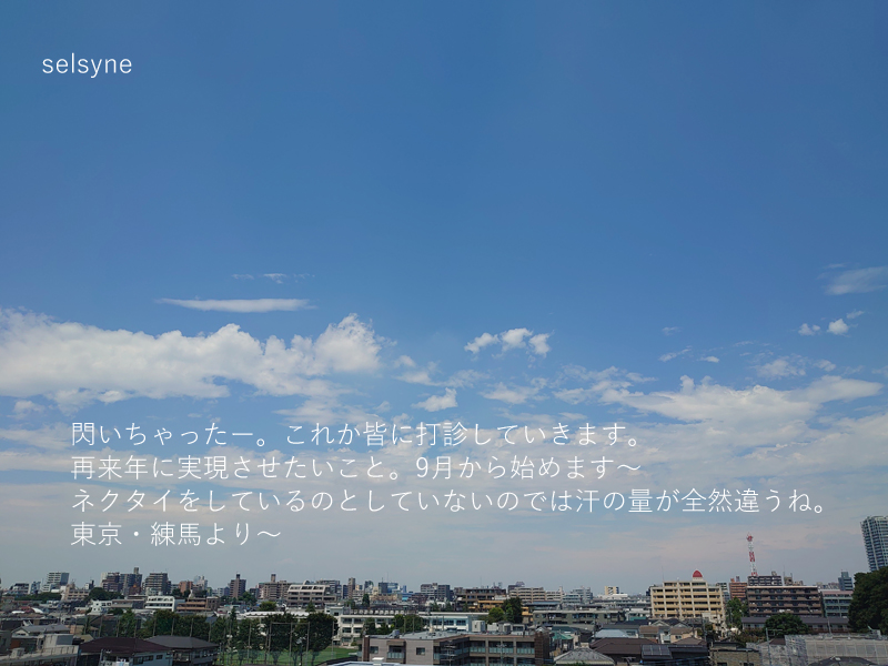 閃いちゃったー。これから皆に打診していきます。再来年に実現させたいこと。９月から始めます～ネクタイをしているのとしていないのでは汗の量が全然違うね。いい天気です。東京・練馬より～